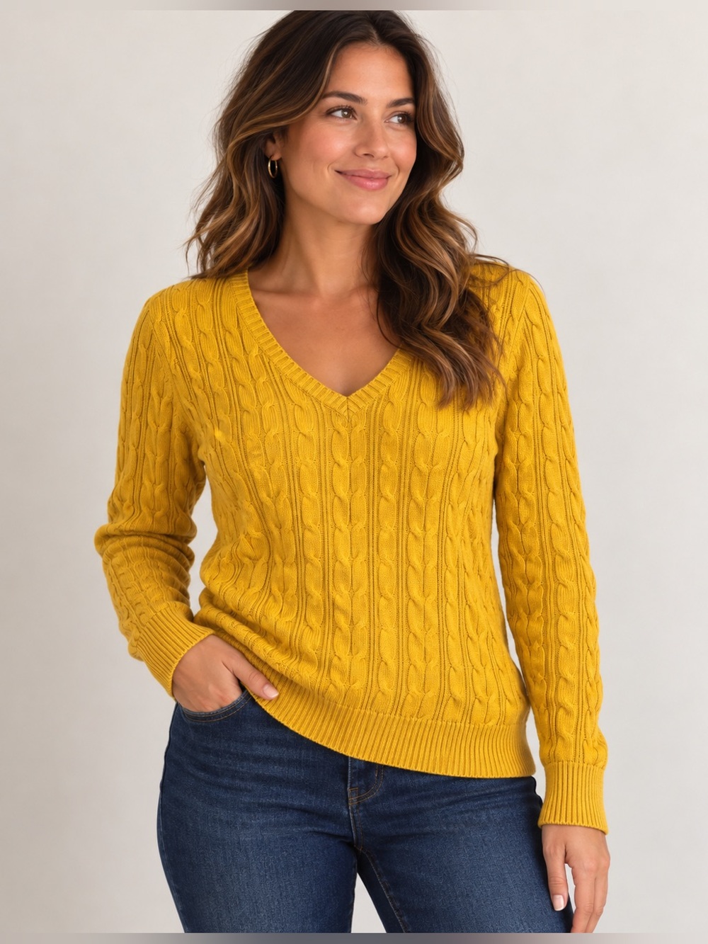 Mustard Yellow Cable Knit V Neck Sweater Cotton Preppy Fall Academia Large